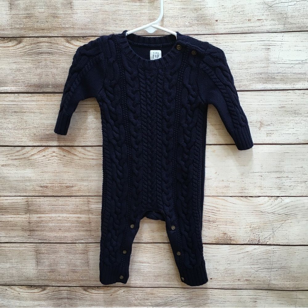 BABY GAP ARAN SWEATER CABLE KNIT ROMPER IN NAVY UNIFORM